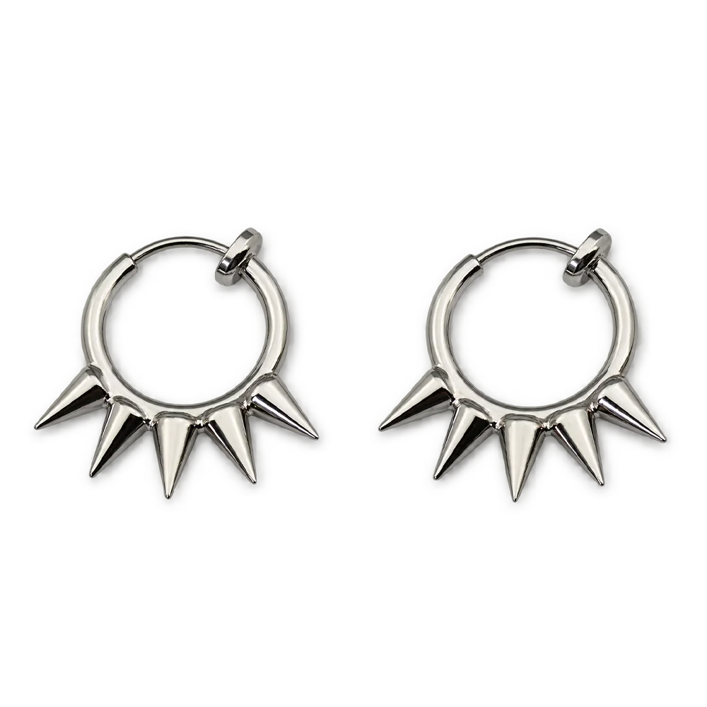 A pair of silver-toned hoop earrings with five sharp spikes radiating from the bottom, displayed on a clean white background.