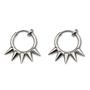 A pair of silver-toned hoop earrings with five sharp spikes radiating from the bottom, displayed on a clean white background.