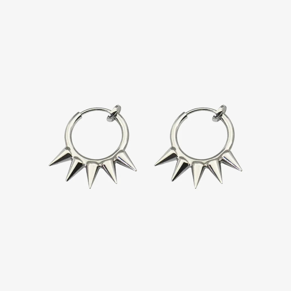 Silver Spike Hoop Clip-On Earrings displayed on a sleek white background.