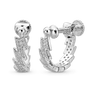 A pair of silver huggie hoop earrings with a textured, layered chevron design paved with small clear crystals, shown on a clean white background.