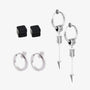 Silver Strength Trio Clip-On Earring Set displayed on white background featuring black studs, silver hoops, and arrow charm earrings