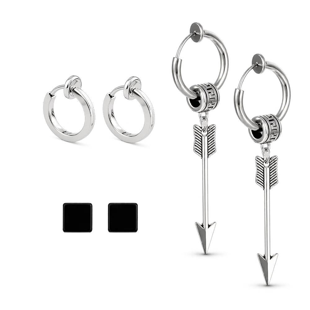 Silver Strength Trio Clip-On Earring Set displayed on white background featuring black studs, silver hoops, and arrow charm earrings