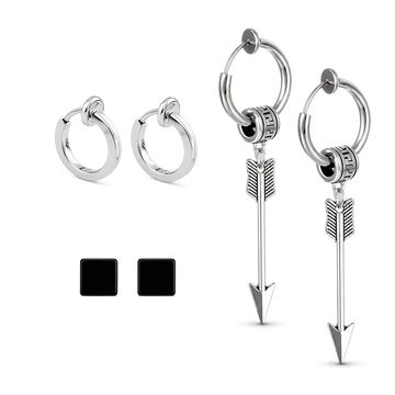 Silver Strength Trio Clip-On Earring Set displayed on white background featuring black studs, silver hoops, and arrow charm earrings