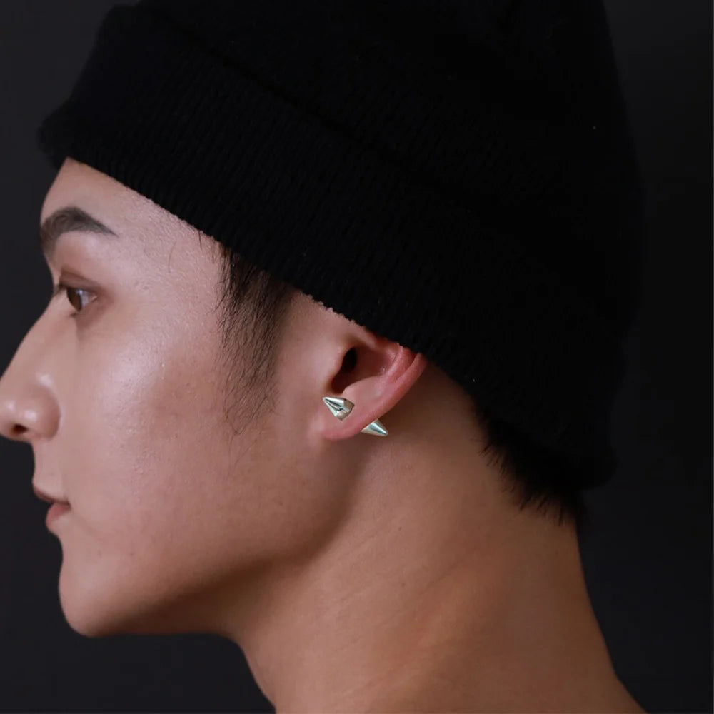 Model wearing Silver Tapered Magnetic Stud Earrings for a sleek, modern look.