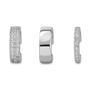 Three views of a silver-toned huggie hoop earring set with pavé diamonds, shown on a plain white background.