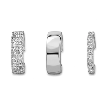 Three views of a silver-toned huggie hoop earring set with pavé diamonds, shown on a plain white background.
