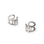 A pair of silver-toned hoop-style earrings with rectangular clear gemstones, shown on a clean white background.
