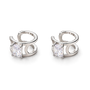 A pair of silver-toned huggie hoop earrings, each featuring a rectangular clear gemstone in a prong setting with a curved openwork metal design.