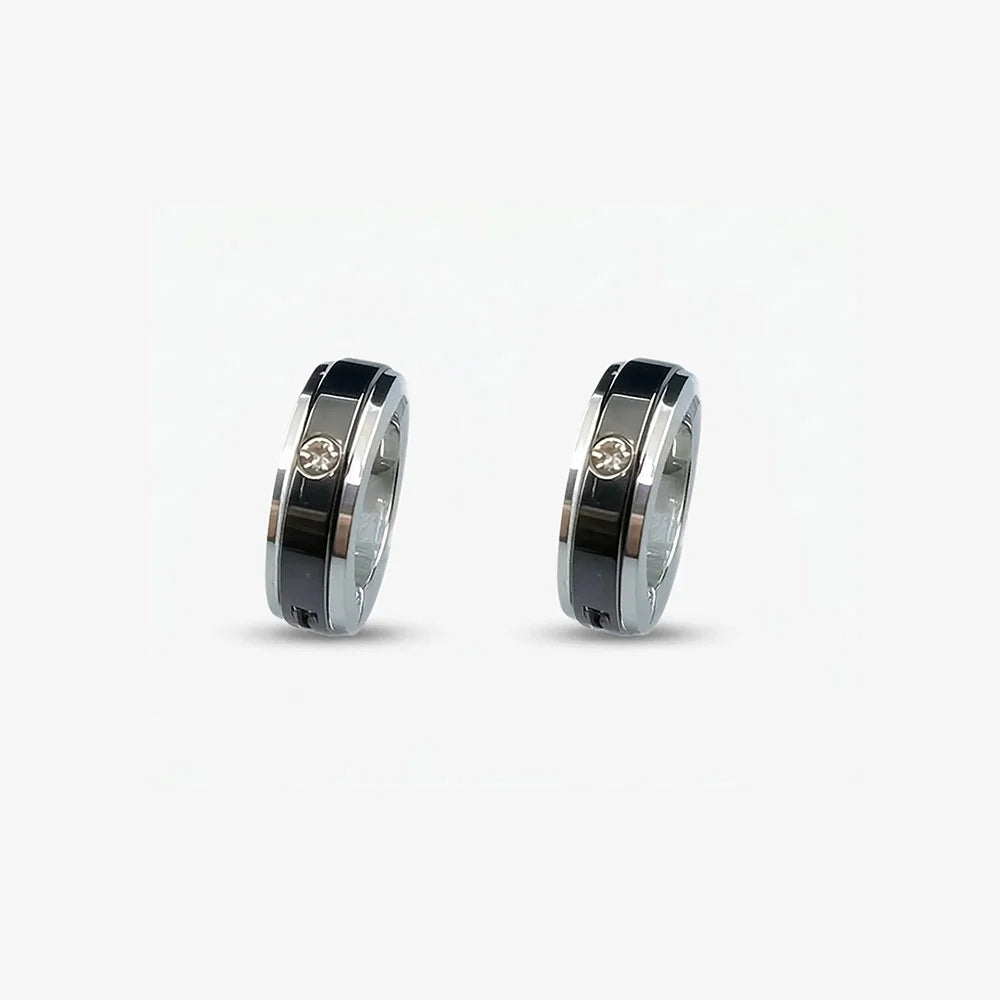 Silver and black men's clip-on earrings with cubic zirconia stone