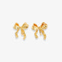 Gold simple bow clip on stud earrings front view on white background