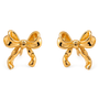 A pair of gold bow-shaped stud earrings with a polished, reflective finish, displayed on a clean white background.