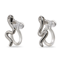 A pair of silver huggie hoop earrings with a wavy, snake-like curved design and a small clear gemstone at the top, shown on a plain white background.
