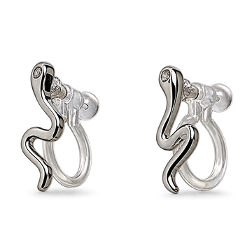 A pair of silver huggie hoop earrings with a wavy, snake-like curved design and a small clear gemstone at the top, shown on a plain white background.