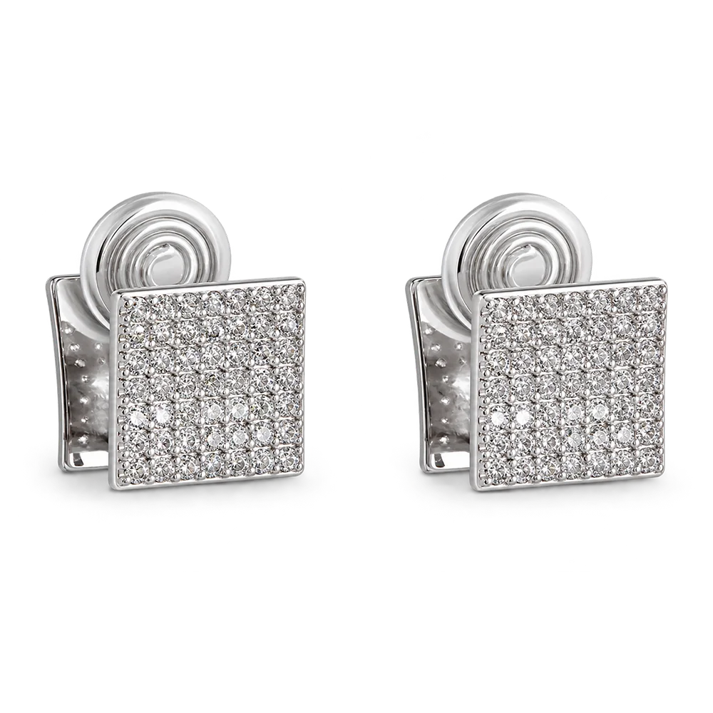 A pair of silver square stud earrings paved with clear stones, shown on a plain white background.