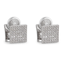A pair of silver square stud earrings paved with clear stones, shown on a plain white background.