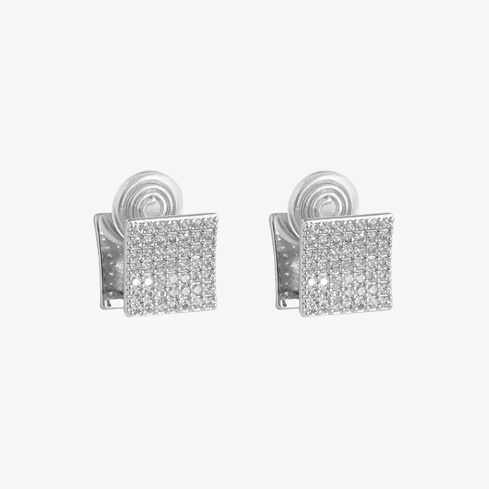 Main photo of Square Pavé Clip-On Stud Earrings on a white background, highlighting their reversible design.