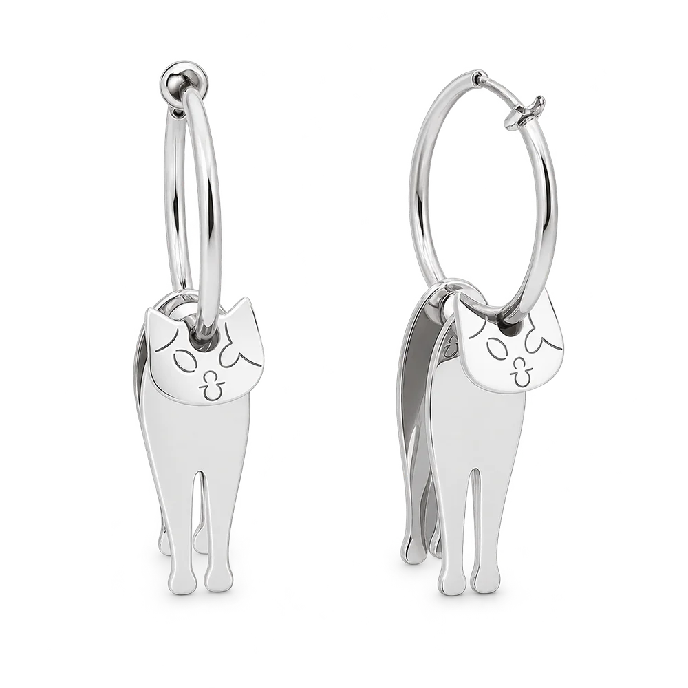 A pair of polished silver hoop earrings with dangling cat-shaped charms, shown on a clean white background.