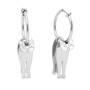A pair of polished silver hoop earrings with dangling cat-shaped charms, shown on a clean white background.