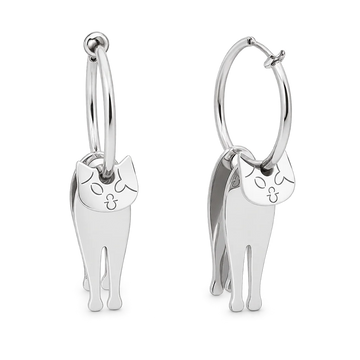 A pair of polished silver hoop earrings with dangling cat-shaped charms, shown on a clean white background.