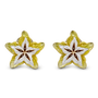 A pair of star-shaped stud earrings with textured yellow and white enamel, featuring a brown five-petal floral center, shown on a plain white background.
