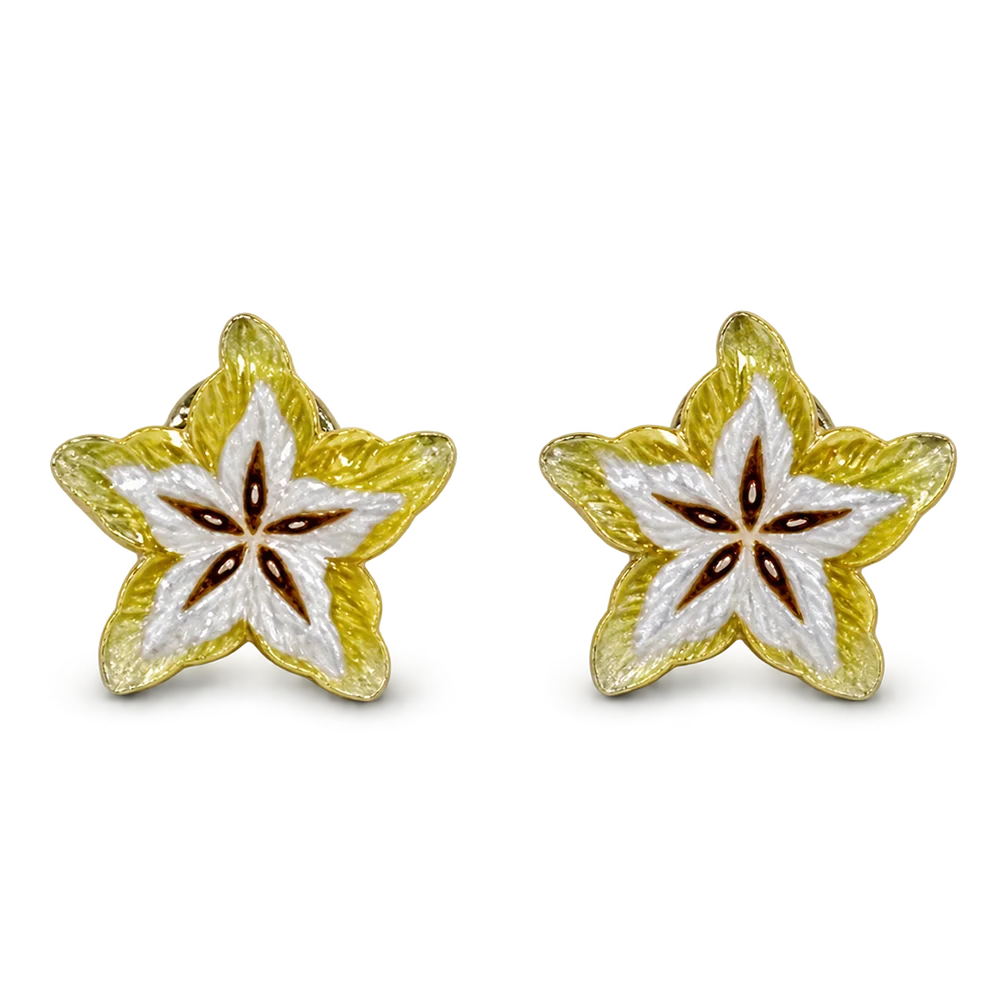 A pair of star-shaped stud earrings with textured yellow and white enamel, featuring a brown five-petal floral center, shown on a plain white background.