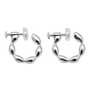 A pair of silver huggie hoop earrings with a twisted, wavy design, displayed on a clean white background.