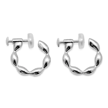 A pair of silver huggie hoop earrings with a twisted, wavy design, displayed on a clean white background.