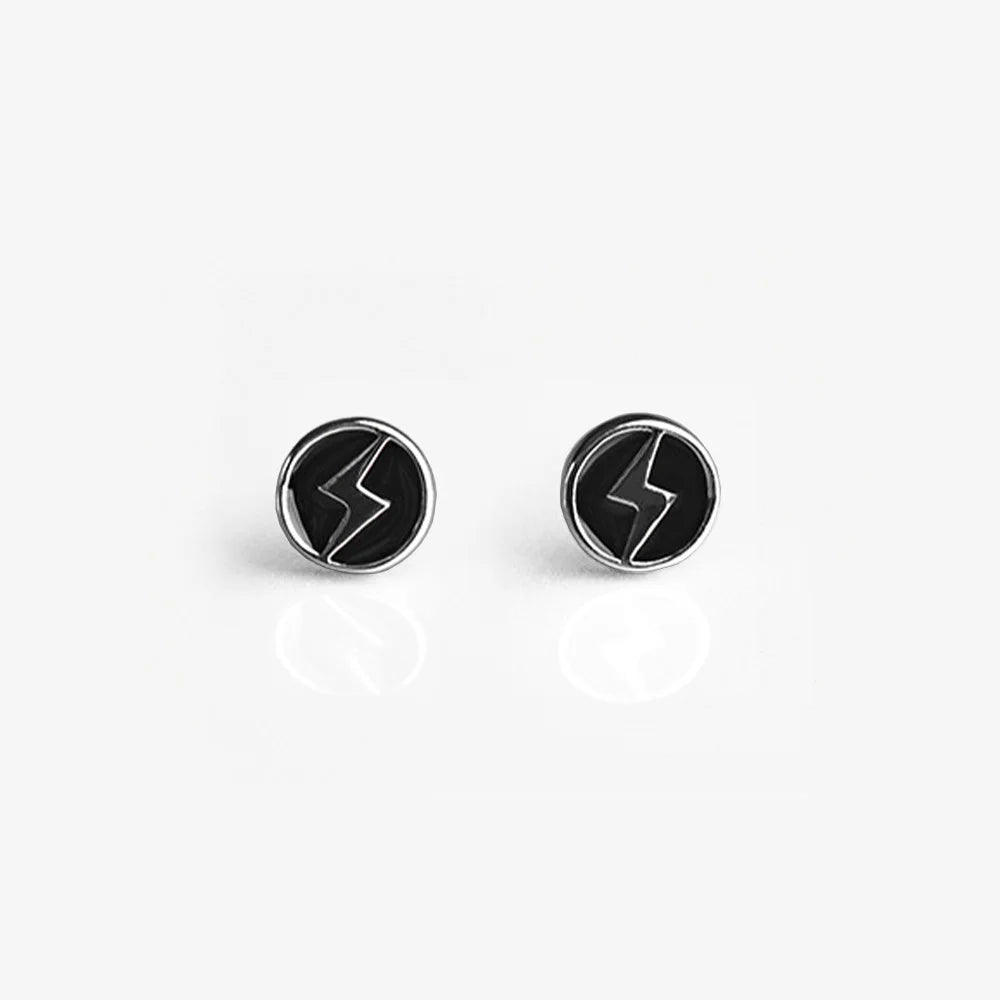 A pair of Sterling Silver Lightning Bolt Magnetic Stud Earrings with black enamel design.