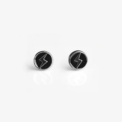 A pair of Sterling Silver Lightning Bolt Magnetic Stud Earrings with black enamel design.