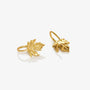 A pair of gold leaf-shaped hoop earrings on a clean, light gray background.
