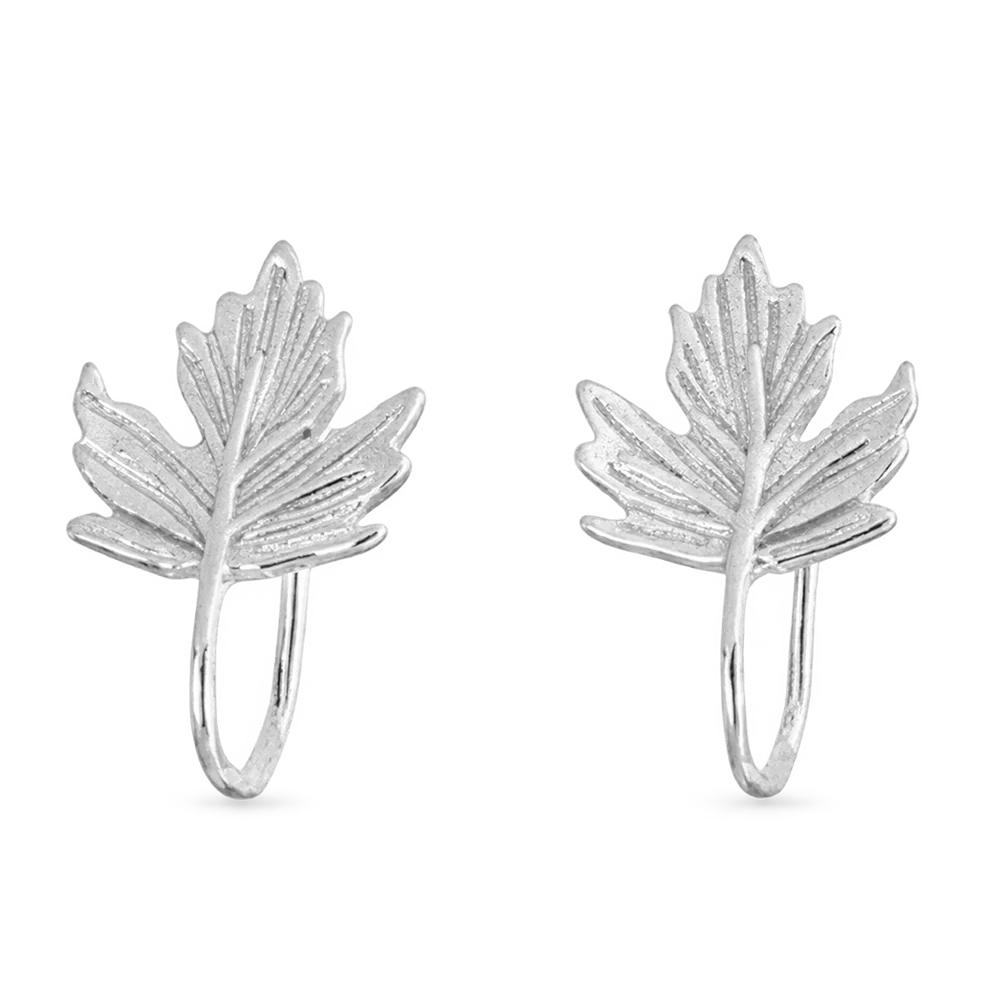 A pair of silver maple leaf hoop earrings with textured leaf details, shown on a plain white background.