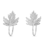 A pair of silver maple leaf hoop earrings with textured leaf details, shown on a plain white background.
