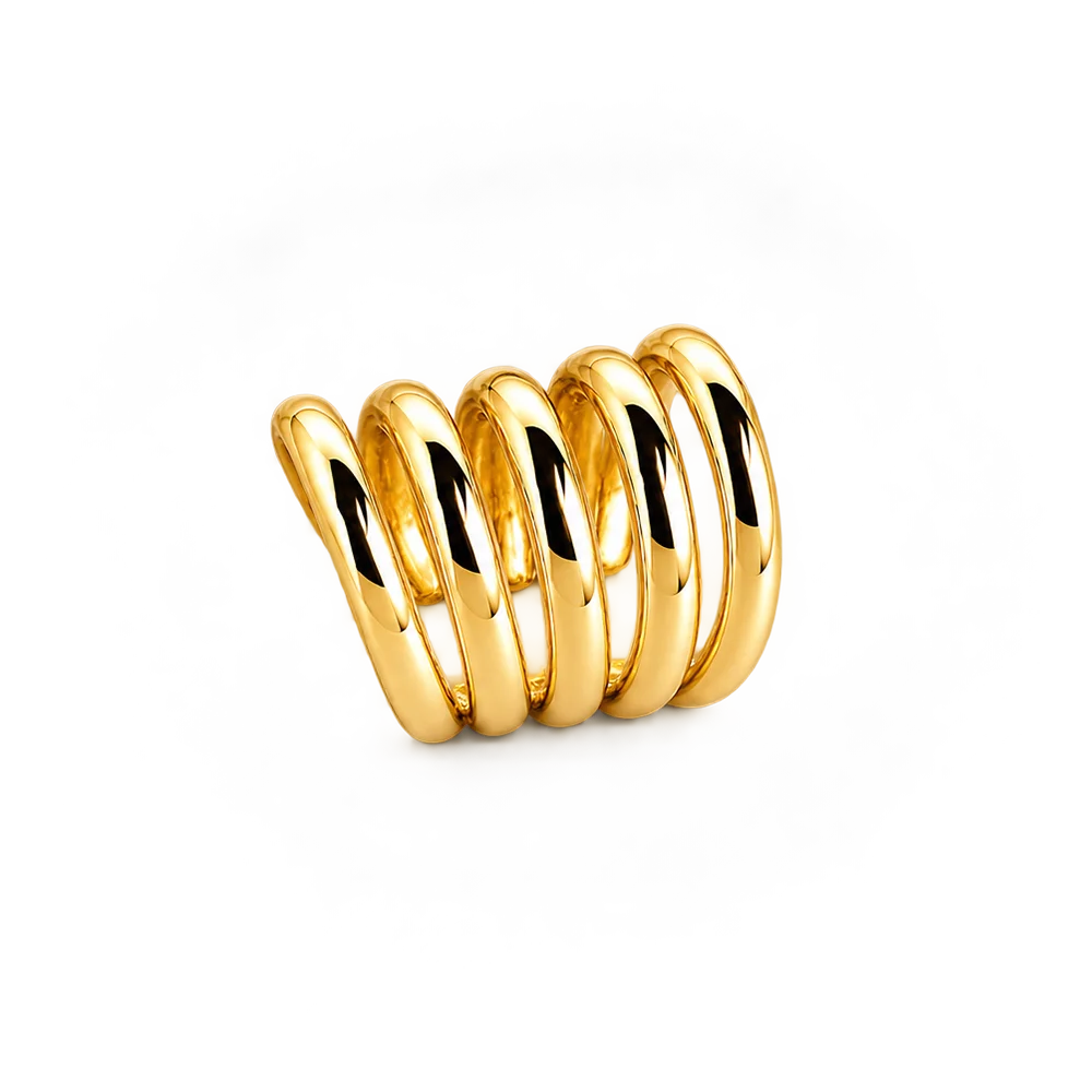 A polished gold spiral ear cuff with five interlocking curved bands, shown on a clean white background.