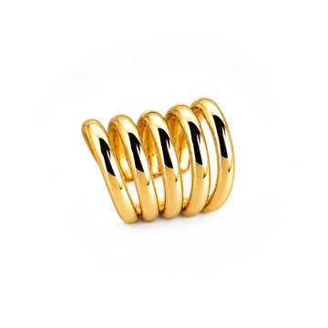 A polished gold spiral ear cuff with five interlocking curved bands, shown on a clean white background.