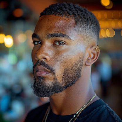 Model wearing a gold-plated multi-band ear cuff for men, adding a modern touch to any look.