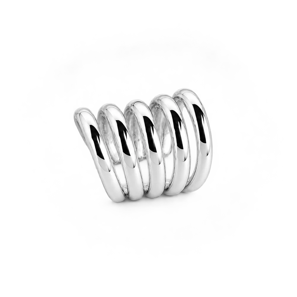 A polished silver spiral ear cuff with five interlocking curved bands, photographed on a clean white background.