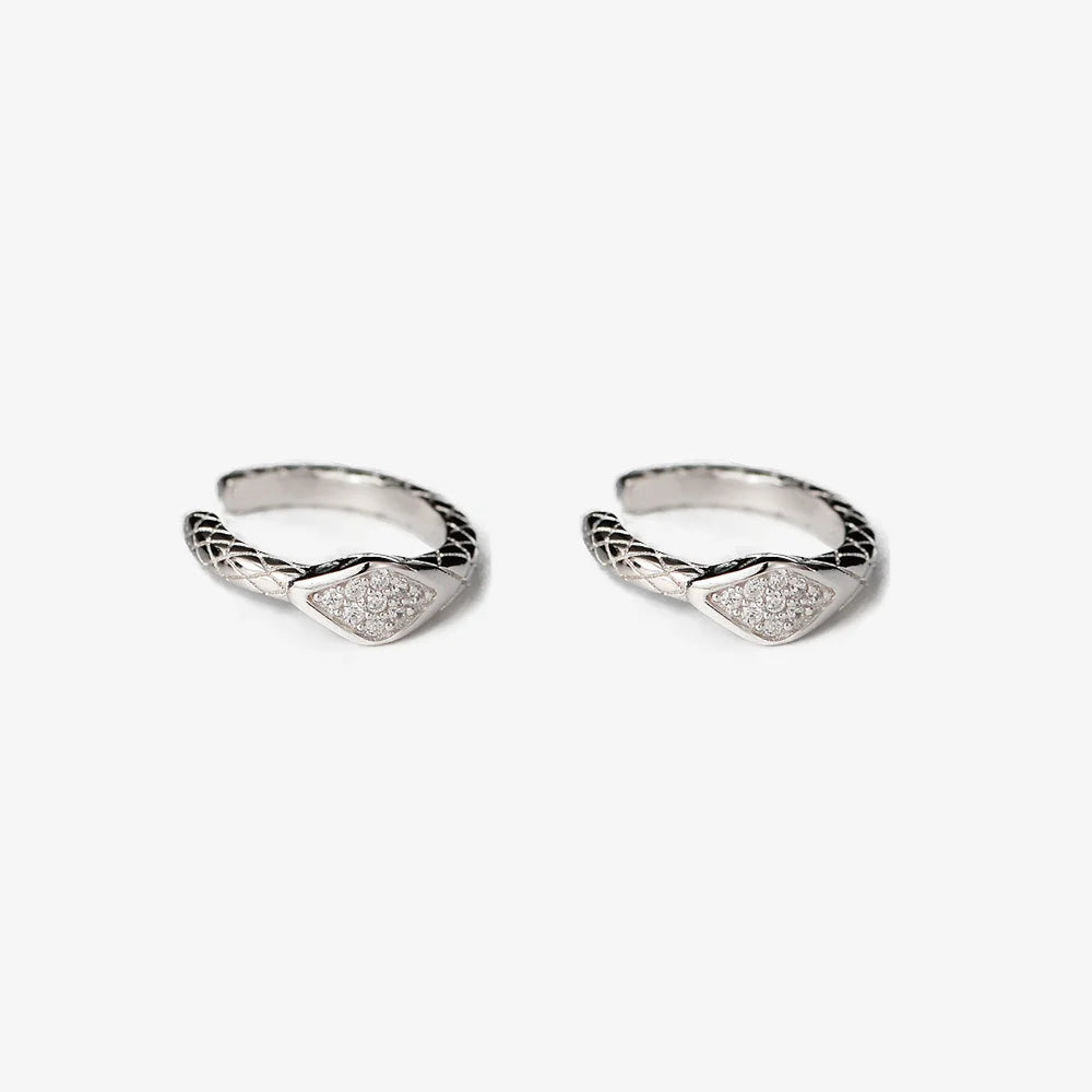 Sterling silver Ouroboros ear cuff in white gold with diamond-patterned embossing, 11mm conch cuff