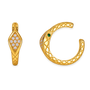 A pair of gold snake-themed jewelry pieces on a plain white background, featuring a diamond cluster on one piece and a textured snake head with a green gemstone on the other.