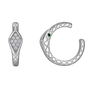 A silver-toned snake-themed jewelry set on a white background, featuring a snake-shaped earring with a cluster of clear stones and a matching open cuff with a small green eye accent.