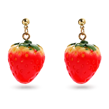 A pair of strawberry-shaped dangling earrings with glossy red bodies, green leafy tops, and gold-tone posts and hooks, shown on a plain white background.