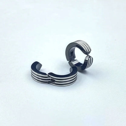 Black striped hoop clip-on earrings for men with triple-line detail

