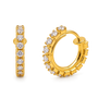 A pair of gold huggie hoop earrings adorned with round-cut clear gemstones, shown from both front and side angles on a plain white background.