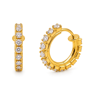 A pair of gold huggie hoop earrings adorned with round-cut clear gemstones, shown from both front and side angles on a plain white background.