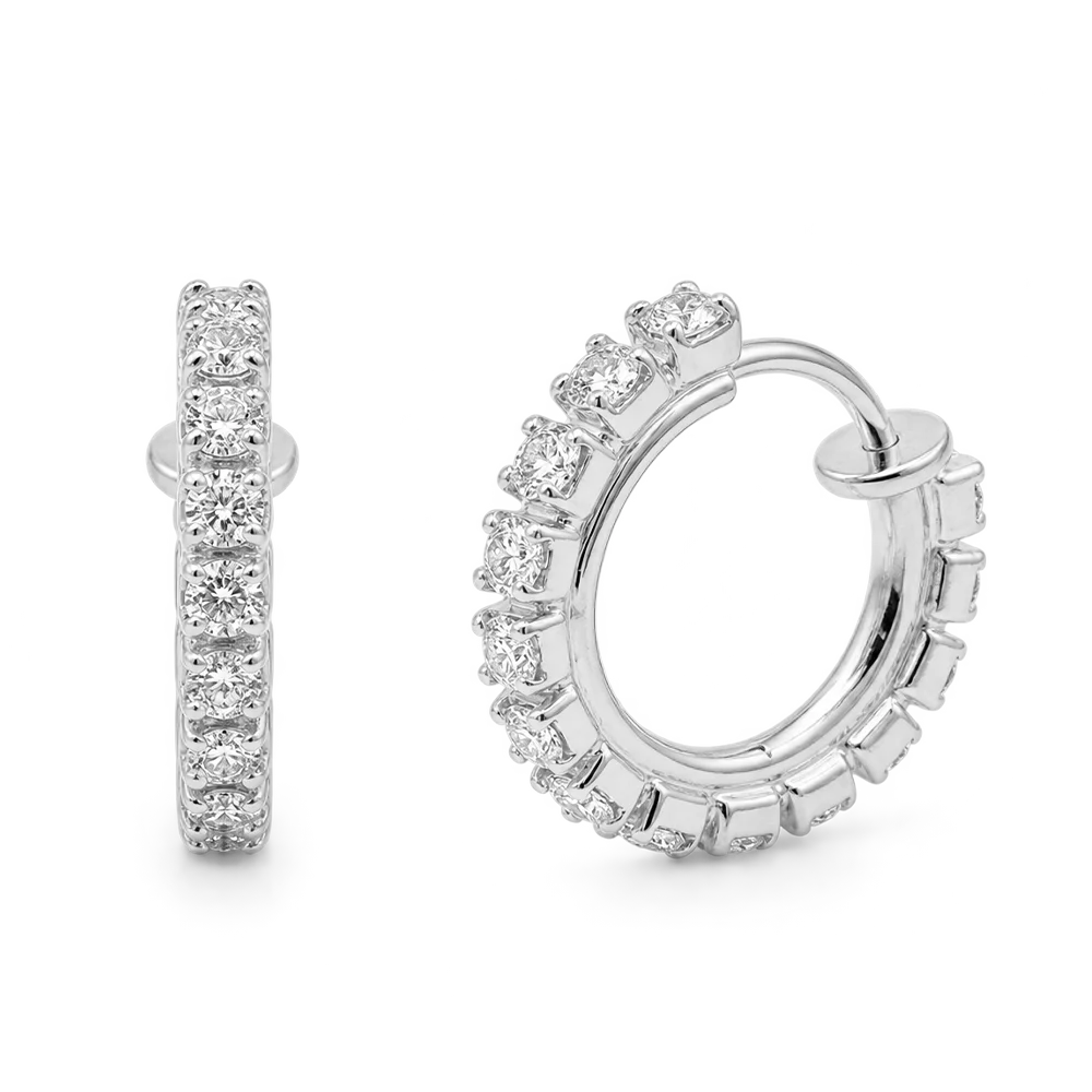 A pair of silver hoop earrings with rows of clear round-cut gemstones, shown on a plain white background. One earring is shown in profile and the other is shown from the front at an angle.