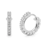 A pair of silver hoop earrings with rows of clear round-cut gemstones, shown on a plain white background. One earring is shown in profile and the other is shown from the front at an angle.
