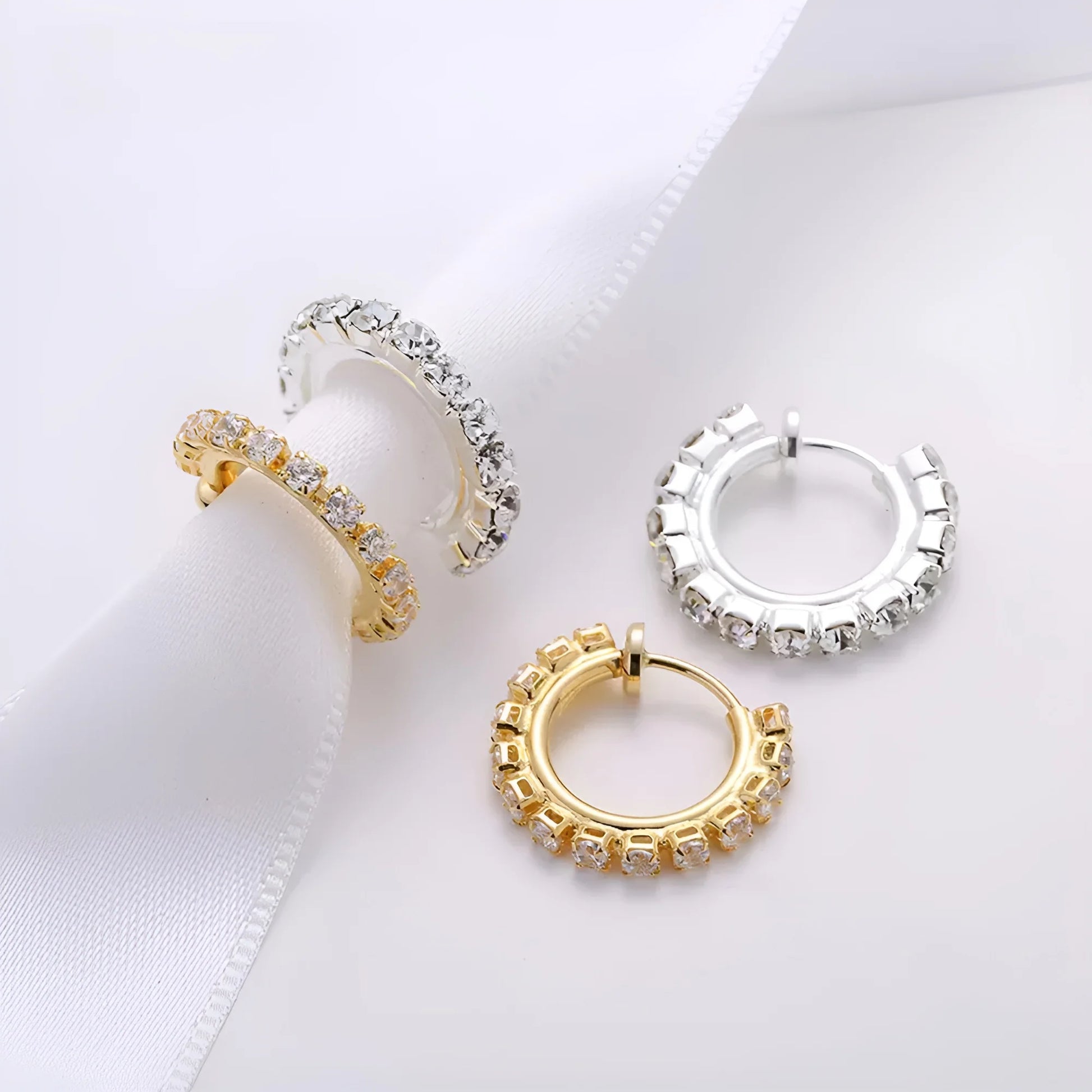 Lightweight hoop clip-on earrings with sparkling synthetic diamonds, 18mm diameter.