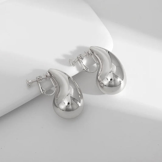 Detailed view of Teardrop Clip-On Earring in Silver, highlighting the sleek and elegant finish.