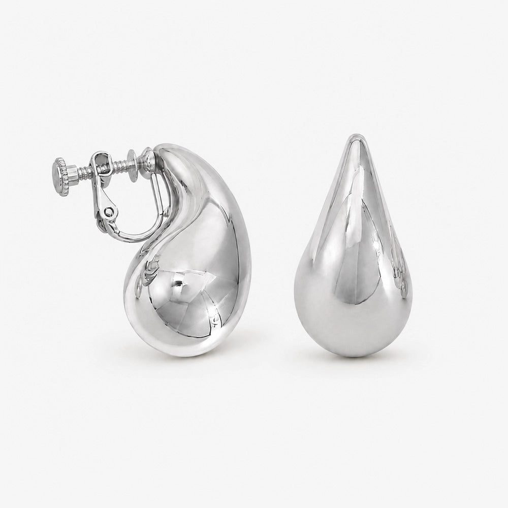 Close-up of the Teardrop Clip-On Earrings in Silver with Screw Back showcasing white gold-flashed acrylic and modern teardrop design.