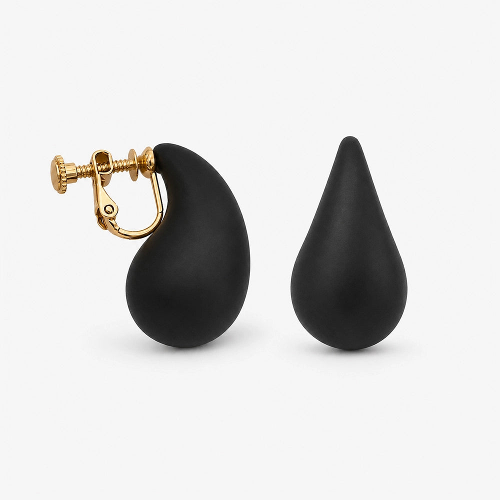 Detailed view of Teardrop Screw Back Clip-On Earring in Black, highlighting the sleek and elegant finish