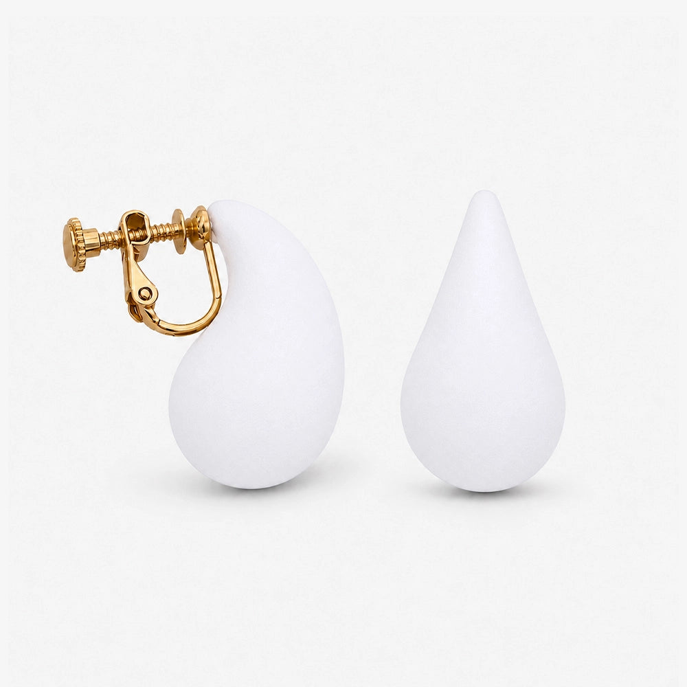 Detailed view of Teardrop Screw Back Clip-On Earring in White, highlighting the sleek and elegant finish.